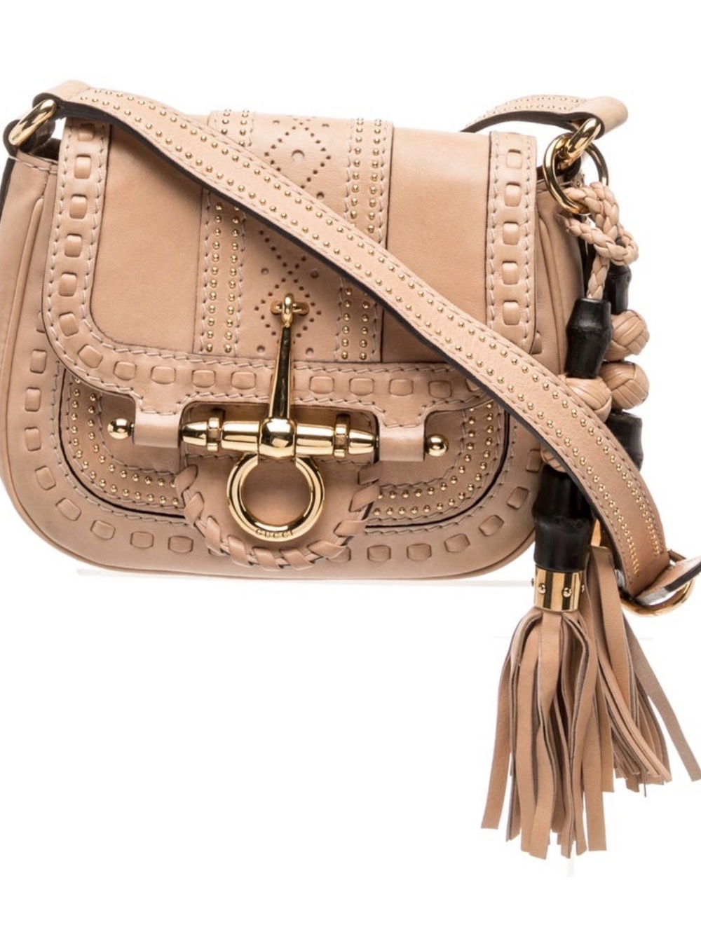 Gucci Beige Leather Studded Crossbody with Tassel and Gold Hardware